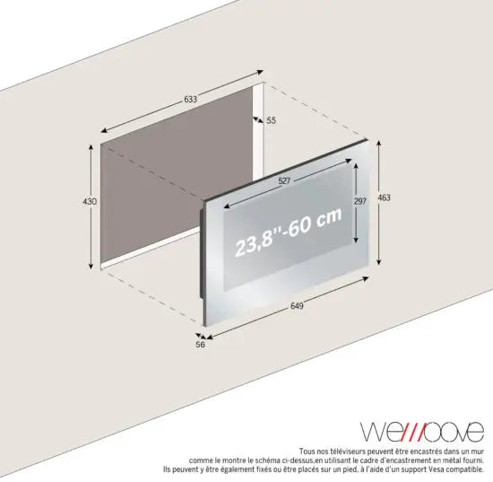 Téléviseur miroir, Smart Android de 60 cm (23,8 pouces), étanche, triple tuner HEVC, haut-parleurs invisibles et conçu pour l'encastrement